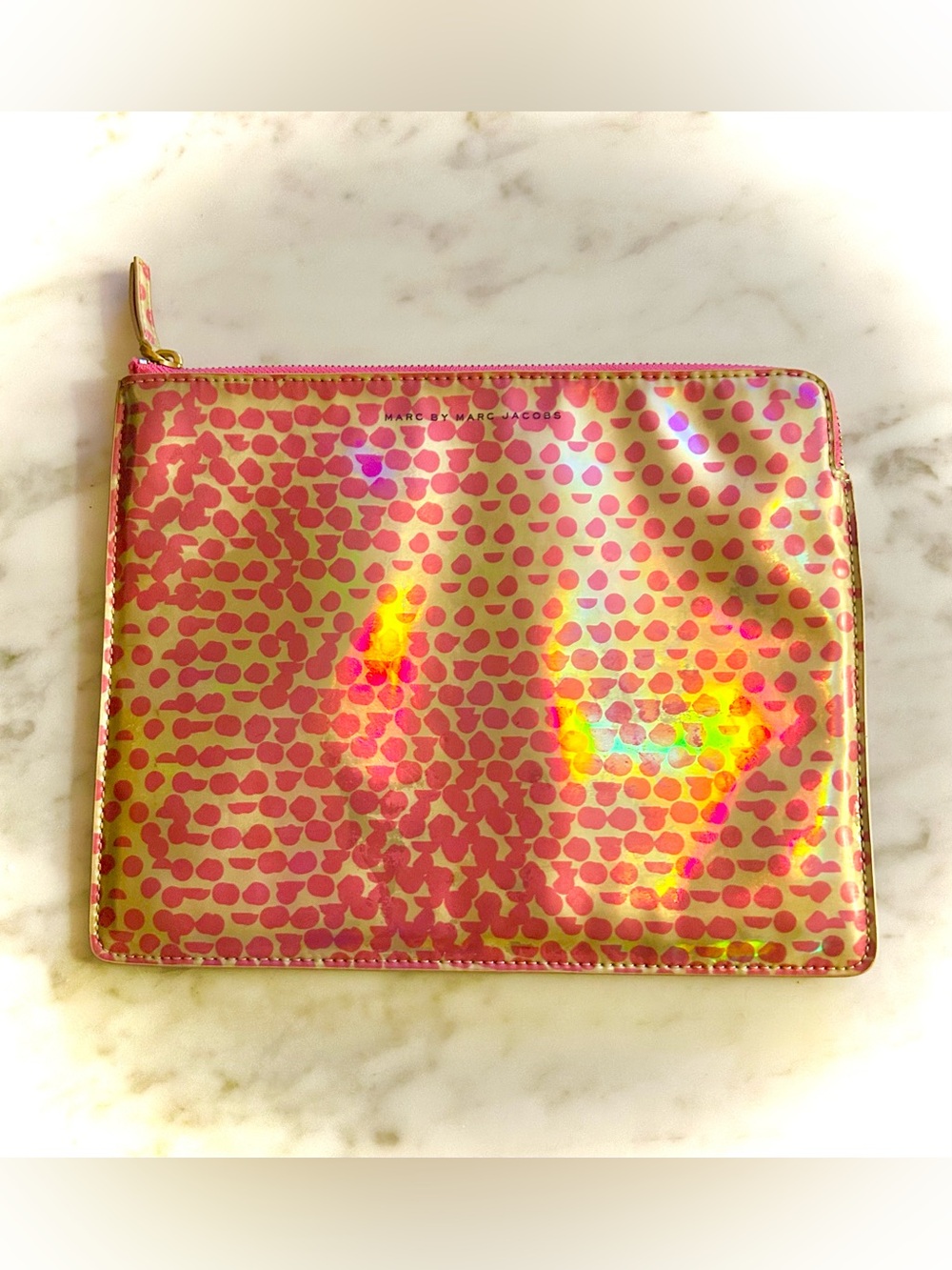 Marc Jacobs Metallic Silver Pouch w/ Pink Polka Dots Cosmetic Bag